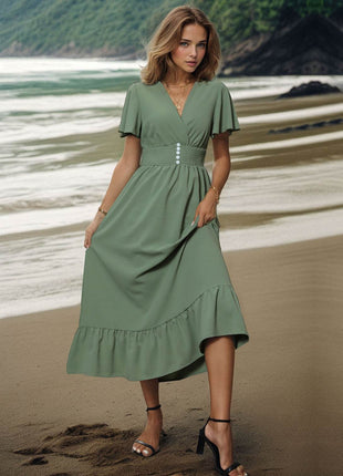 Surplice Flutter Sleeve Midi Dress - MimiStylez