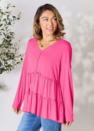 Double Take Half Button Long Sleeve Ruffle Hem Blouse - MimiStylez