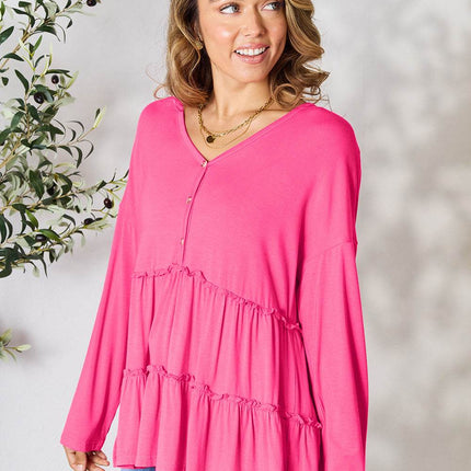 Double Take Half Button Long Sleeve Ruffle Hem Blouse - MimiStylez