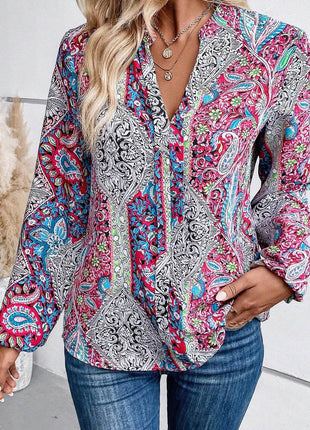 Printed Notched Long Sleeve Shirt - MimiStylez