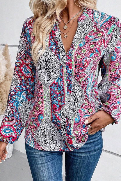 Printed Notched Long Sleeve Shirt - MimiStylez