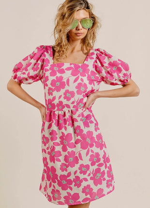 BiBi Printed Square Neck Puff Sleeve Mini Dress - MimiStylez