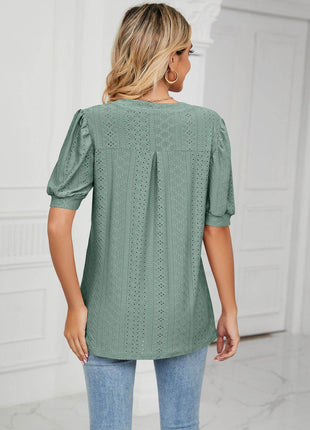 Eyelet Short Puff Sleeve Notched Neck Top - MimiStylez