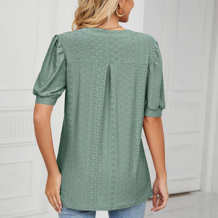 Eyelet Short Puff Sleeve Notched Neck Top - MimiStylez