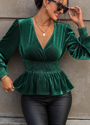 Smocked Surplice Lantern Sleeve Peplum Blouse - MimiStylez