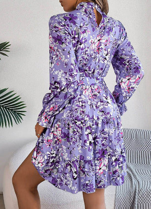 Printed Mock Neck Flounce Sleeve Mini Dress - MimiStylez