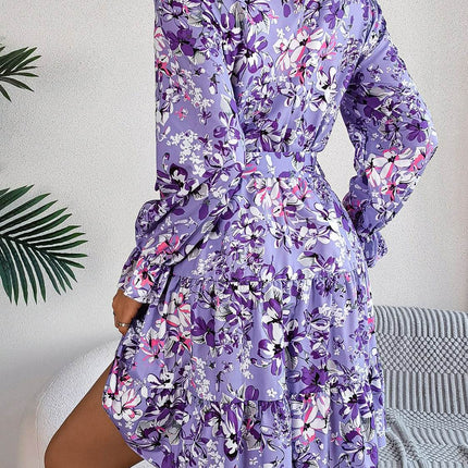 Printed Mock Neck Flounce Sleeve Mini Dress - MimiStylez