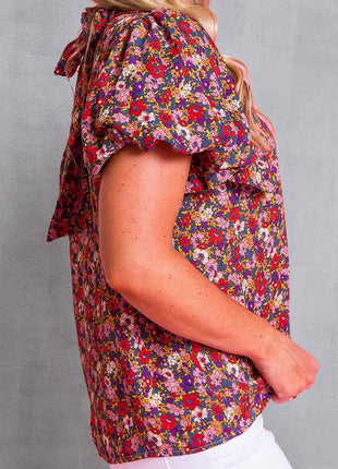 Printed Mock Neck Short Sleeve Blouse - MimiStylez