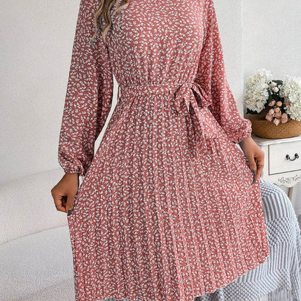 Ditsy Floral Tie Waist Pleated Dress - MimiStylez