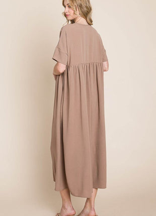 BOMBOM Round Neck Ruched Midi Dress - MimiStylez