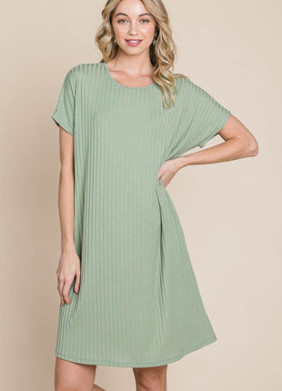 BOMBOM Ribbed Round Neck Short Sleeve Dress - MimiStylez