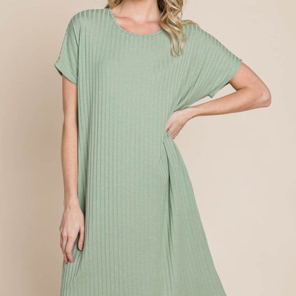 BOMBOM Ribbed Round Neck Short Sleeve Dress - MimiStylez