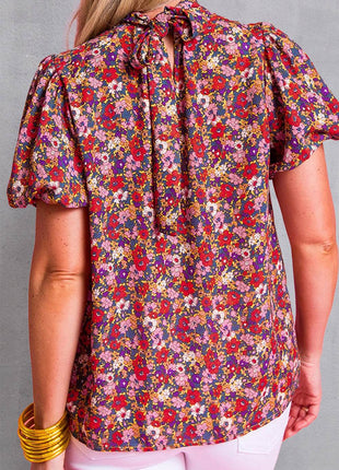 Printed Mock Neck Short Sleeve Blouse - MimiStylez