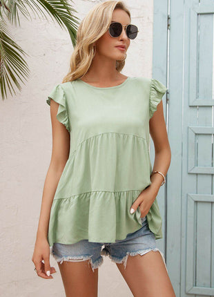 Round Neck Flutter Sleeve Tiered Blouse - MimiStylez