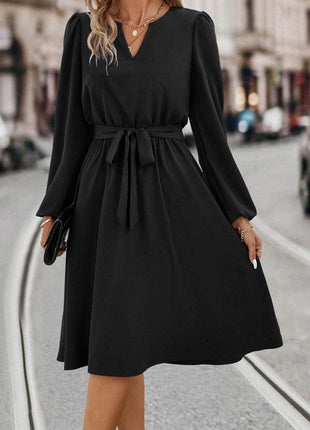Tie Waist Notched Neck Long Sleeve Dress - MimiStylez