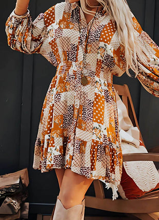 Printed Collared Neck Three-Quarter Sleeve Mini Shirt Dress - MimiStylez