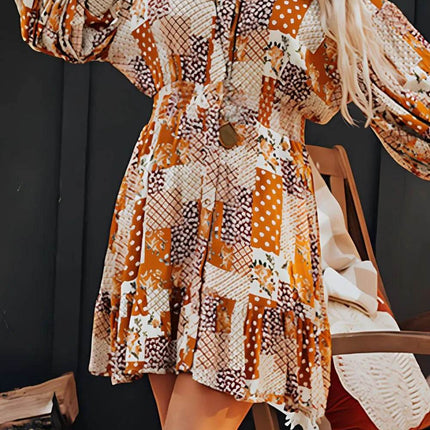 Printed Collared Neck Three-Quarter Sleeve Mini Shirt Dress - MimiStylez