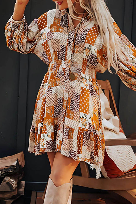 Printed Collared Neck Three-Quarter Sleeve Mini Shirt Dress - MimiStylez