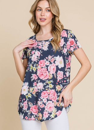BOMBOM Floral Round Neck Short Sleeve T-Shirt - MimiStylez