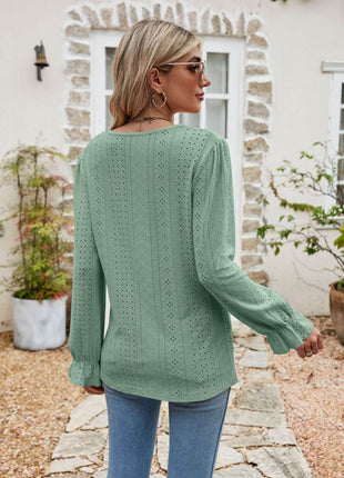 Eyelet Lace Trim Flounce Sleeve Blouse - MimiStylez
