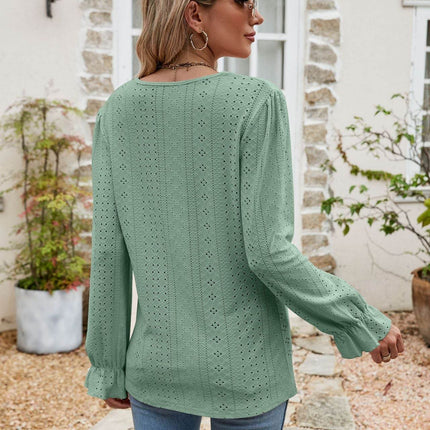 Eyelet Lace Trim Flounce Sleeve Blouse - MimiStylez