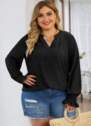 Plus Size Eyelet Notched Flounce Sleeve Blouse - MimiStylez