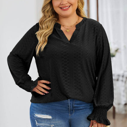 Plus Size Eyelet Notched Flounce Sleeve Blouse - MimiStylez