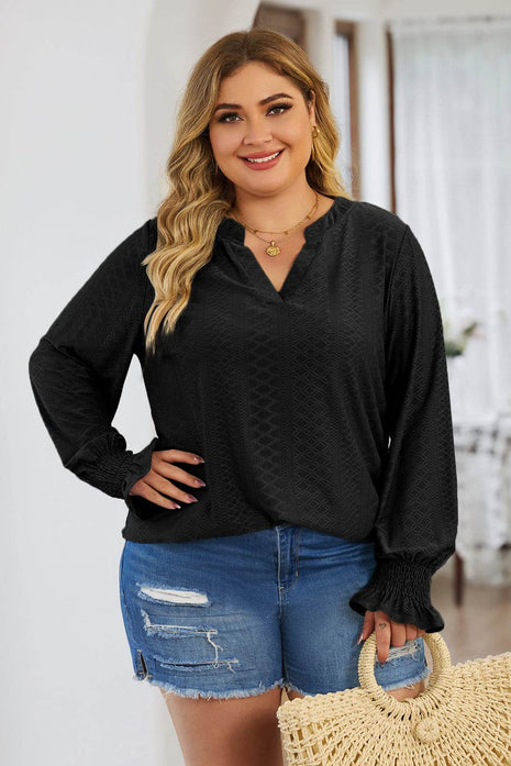Plus Size Eyelet Notched Flounce Sleeve Blouse - MimiStylez