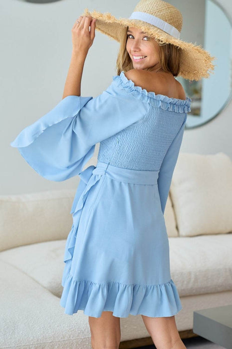 BiBi Smocked Ruffled Front Tie Mini Dress - MimiStylez
