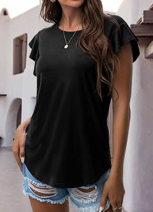 Ruffled Round Neck Cap Sleeve Blouse - MimiStylez