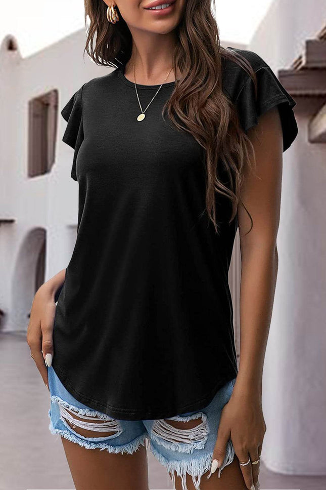 Ruffled Round Neck Cap Sleeve Blouse - MimiStylez