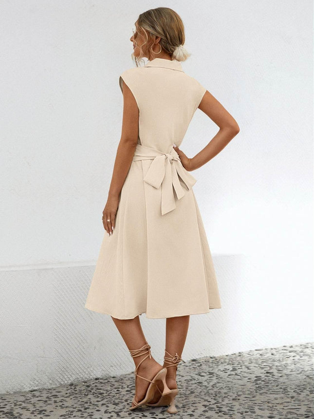 Button Up Cap Sleeve Midi Dress - MimiStylez