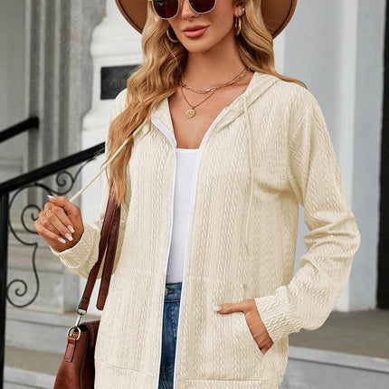 Drawstring Zip Up Long Sleeve Hoodie - MimiStylez