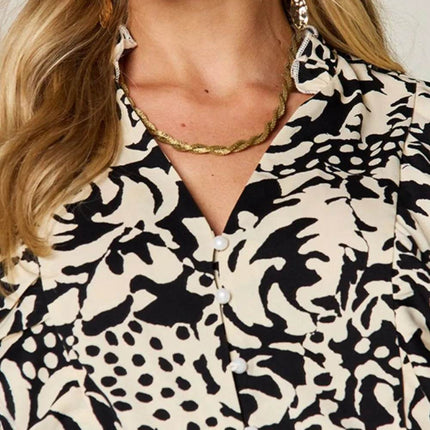 Double Take Full Size Printed Ruffle Trim Balloon Sleeve Shirt - MimiStylez