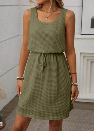Waffle-Knit Drawstring Mini Tank Dress - MimiStylez