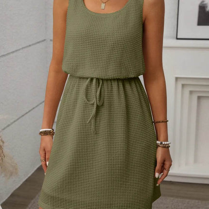 Waffle-Knit Drawstring Mini Tank Dress - MimiStylez