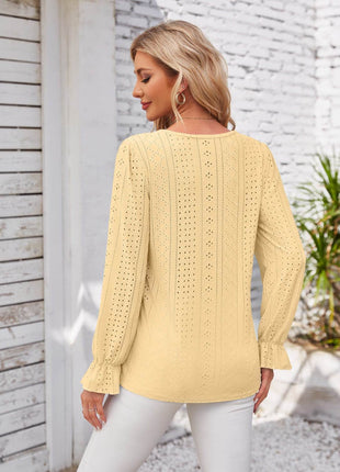 Applique V-Neck Flounce Sleeve T-Shirt - MimiStylez