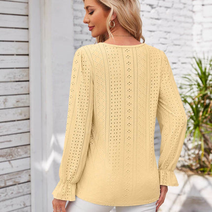 Applique V-Neck Flounce Sleeve T-Shirt - MimiStylez
