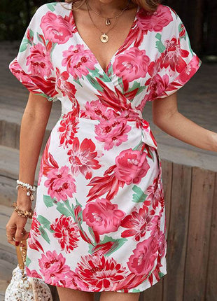 Floral Tied Short Sleeve Mini Dress - MimiStylez