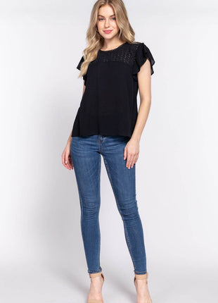 ACTIVE BASIC Ruffle Short Sleeve Crochet Blouse - MimiStylez