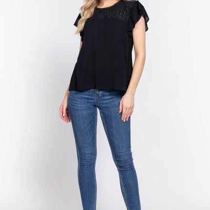 ACTIVE BASIC Ruffle Short Sleeve Crochet Blouse - MimiStylez