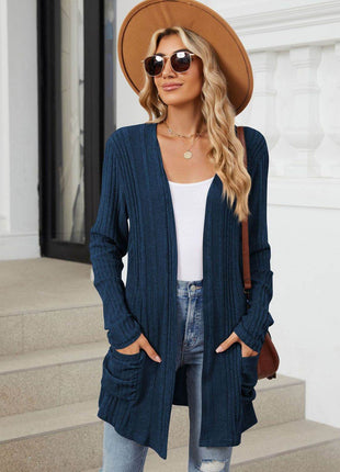 Pocketed Open Front Long Sleeve Cardigan - MimiStylez