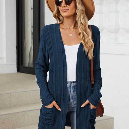Pocketed Open Front Long Sleeve Cardigan - MimiStylez