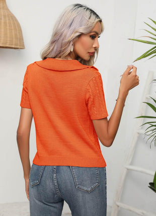 Cable-Knit Johnny Collar Short Sleeve Knit Top - MimiStylez