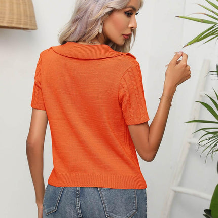 Cable-Knit Johnny Collar Short Sleeve Knit Top - MimiStylez