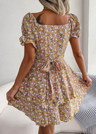 Floral Sweetheart Neck Flounce Sleeve Mini Dress - MimiStylez