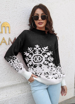 Snowflake Pattern Mock Neck Sweater - MimiStylez