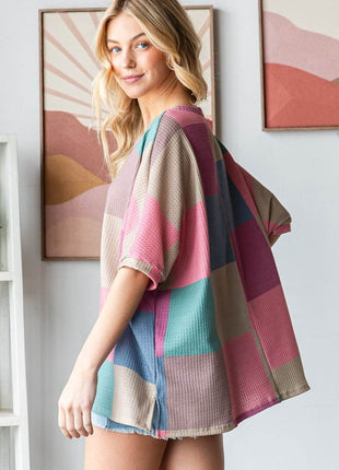 HOPELY Full Size Checkered Round Neck Side Slit T-Shirt - MimiStylez