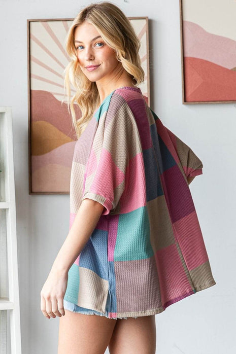 HOPELY Full Size Checkered Round Neck Side Slit T-Shirt - MimiStylez