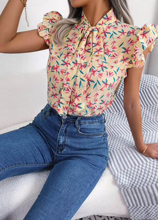 Floral Tie Neck Flutter Sleeve Blouse - MimiStylez